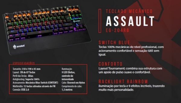 Teclado Gamer Mec Nico Evolut Eg Assault Blue Switch Fio