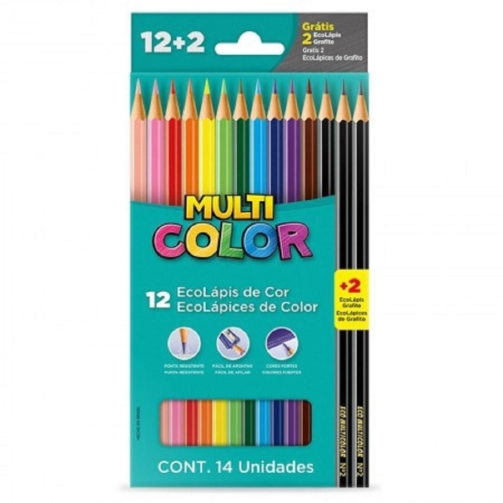 Lápis de Cor c/ 12 cores + 2 lápis de escrever - Multicolor
