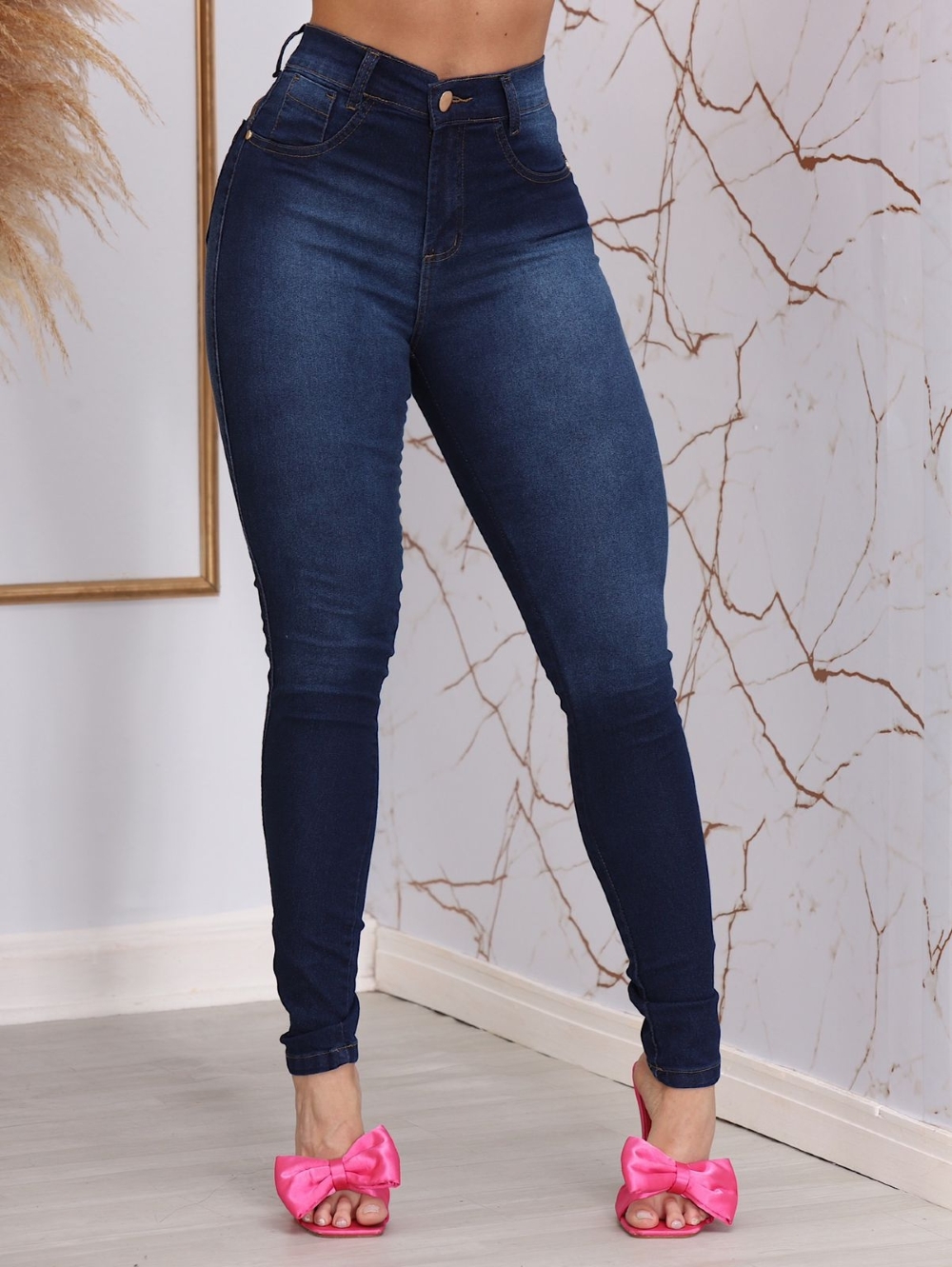 Calça Jeans Feminina Cintura Alta Skinny Azul Médio com Lycra Levanta  Bumbum Premium
