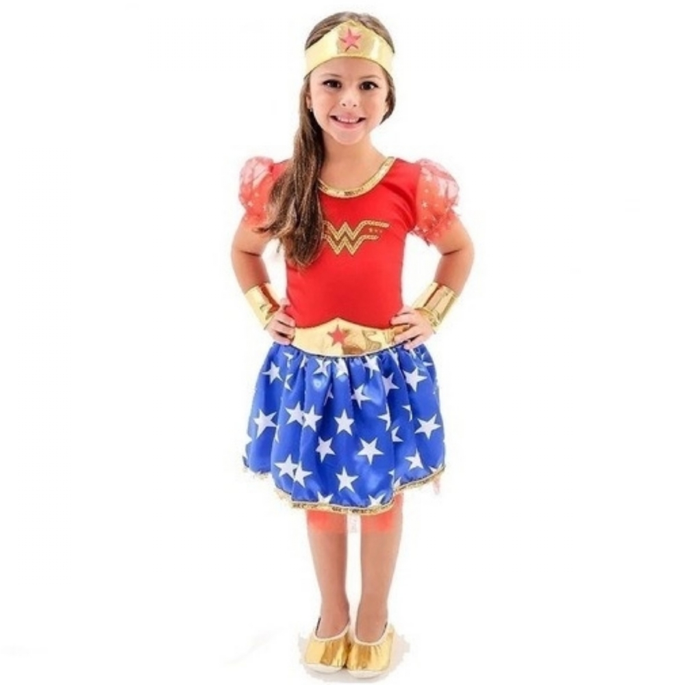 Fantasia Infantil Mulher Maravilha Vestido Tiara Braceletes