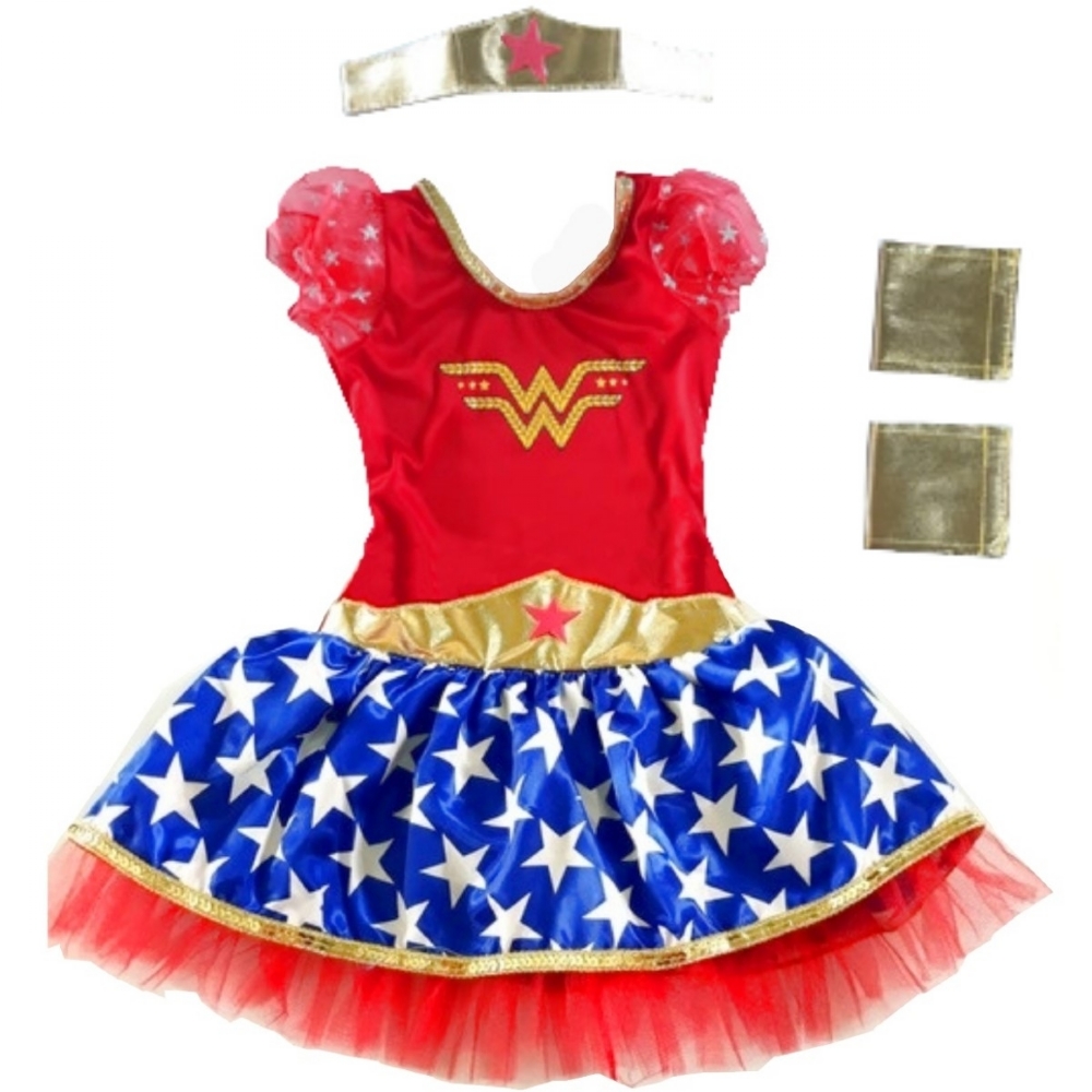 Fantasia Infantil Mulher Maravilha Vestido Tiara Braceletes